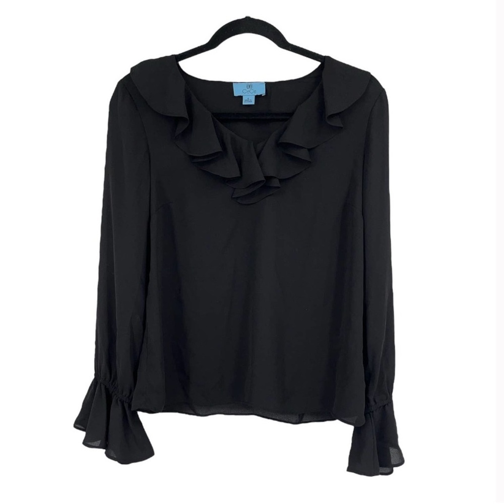 CeCe Black Blouse V-neck/sleeve Ruffle Detail Small S, NEW